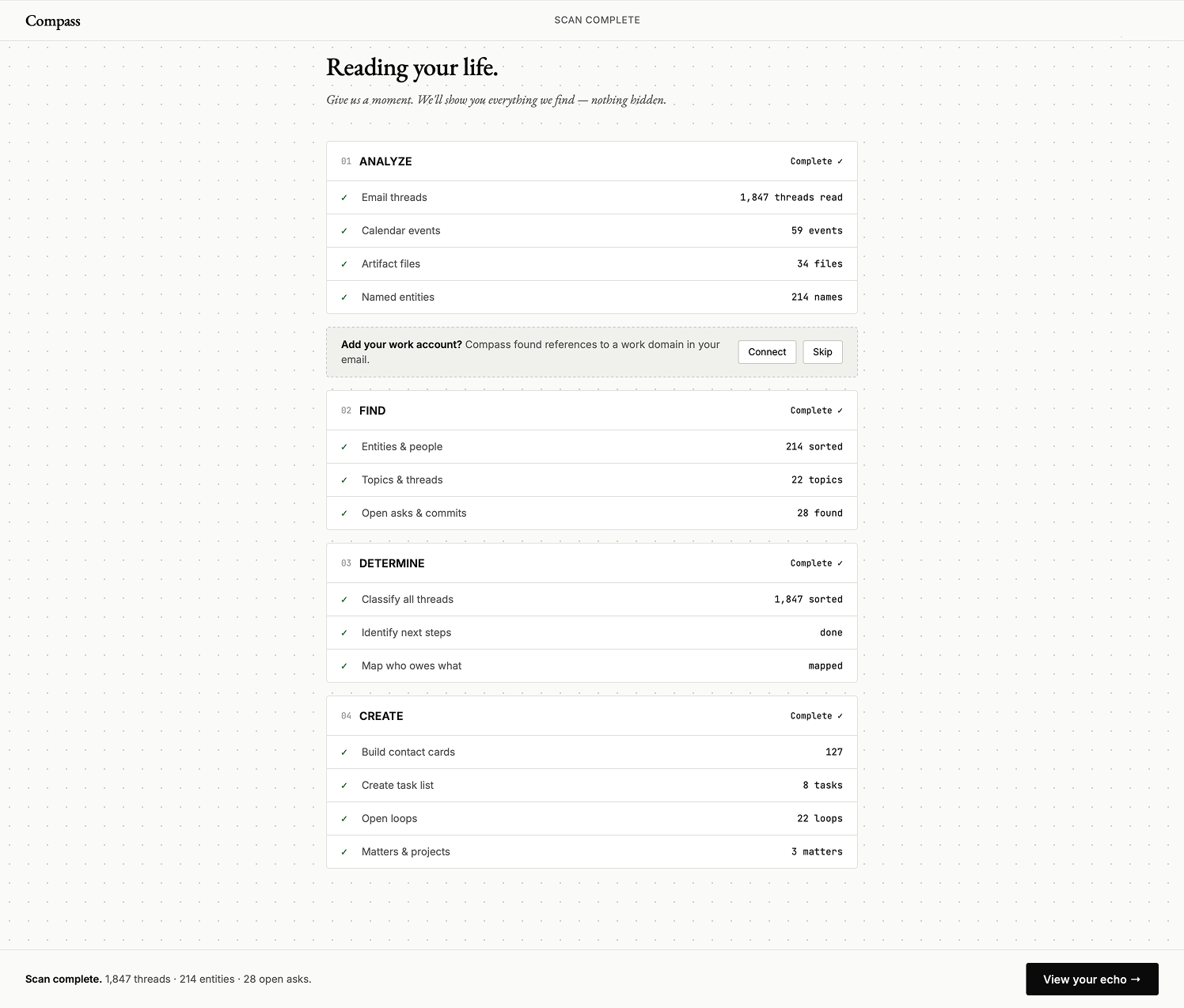 System scans inbox, calendar, and address book